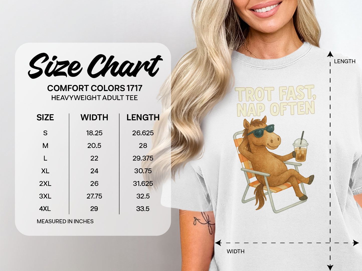 Size chart for Comfort Colors 1717 heavyweight adult tee.