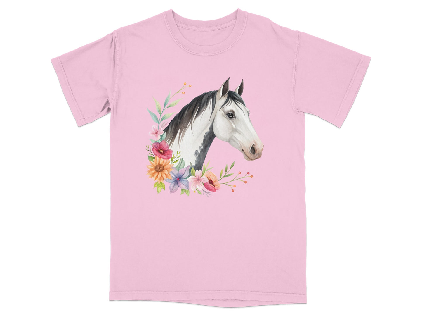 Pink t-shirt with a watercolor horse head surrounded by flowers.
