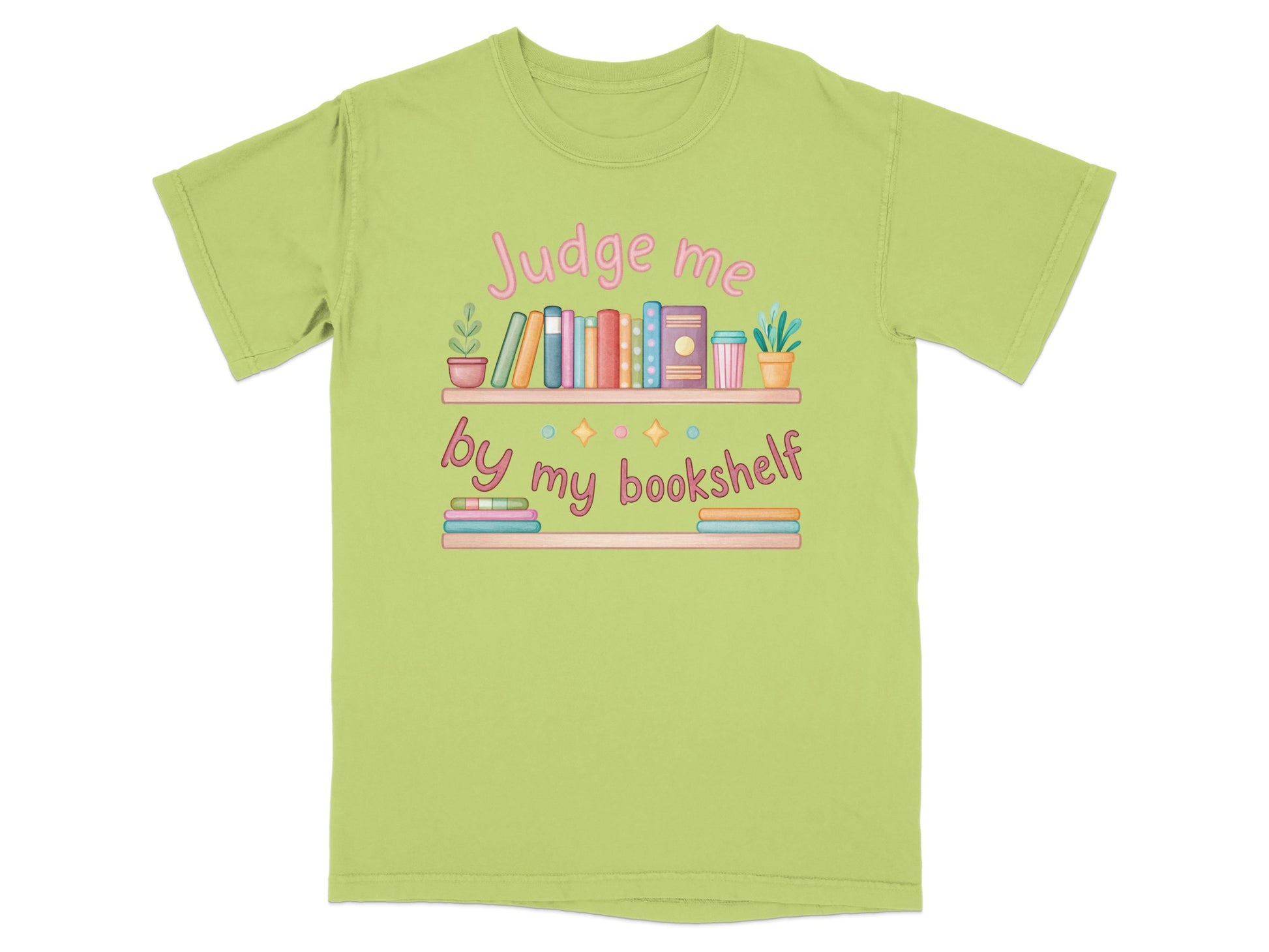 T-shirt with "Judge me by my bookshelf" and a stylized bookshelf with books.