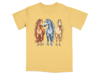 Three horses with flowing manes stand side-by-side.