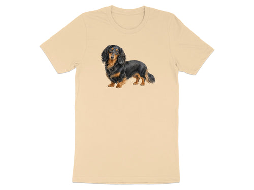 Cream t-shirt with a long-haired black and tan dachshund graphic on the front.