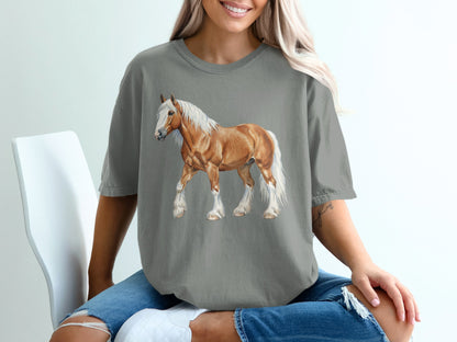 Brown horse with white mane and tail, on a grey t-shirt.