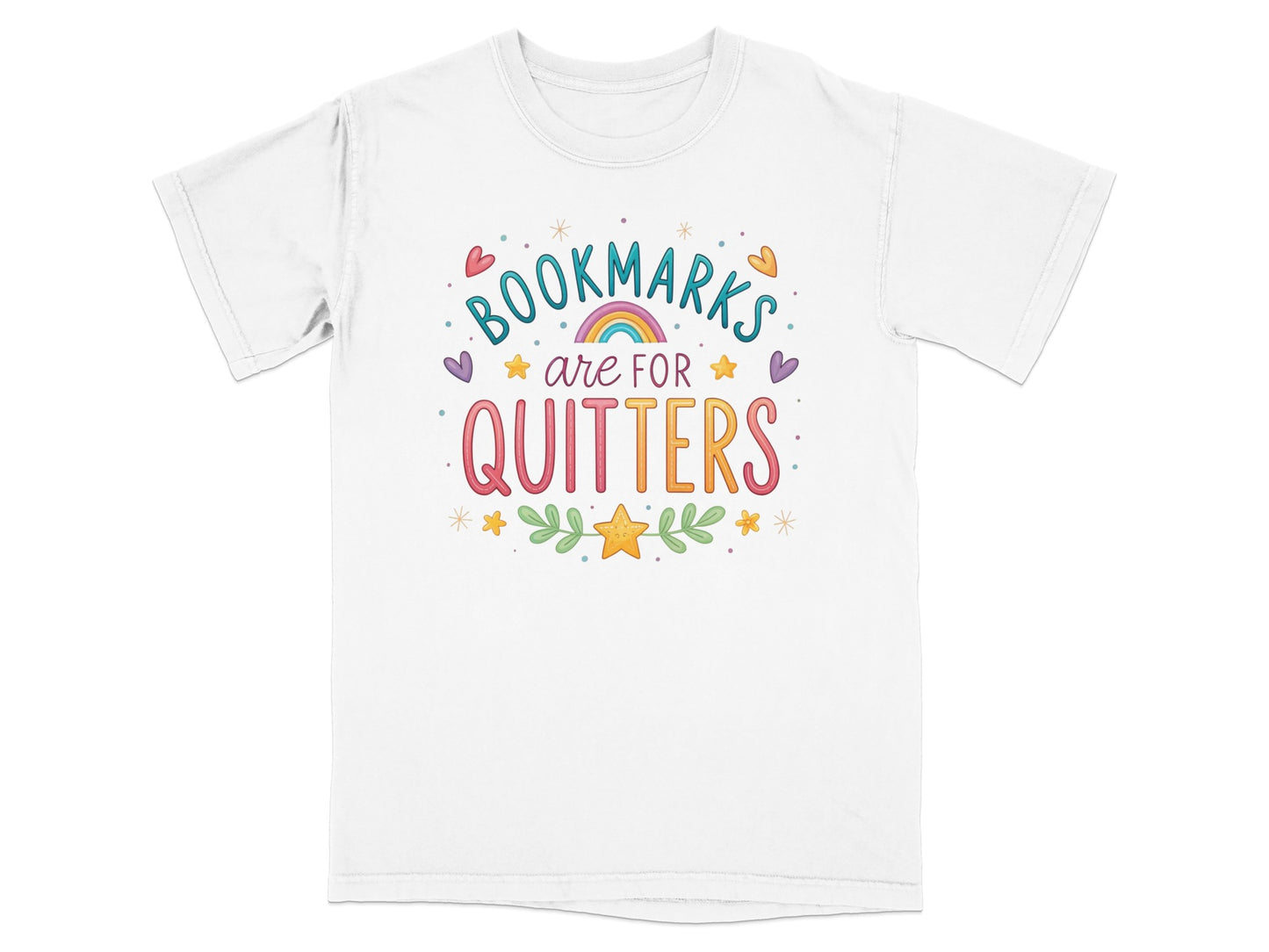 White t-shirt with "Bookmarks are for quitters" text and colorful book-themed graphics.