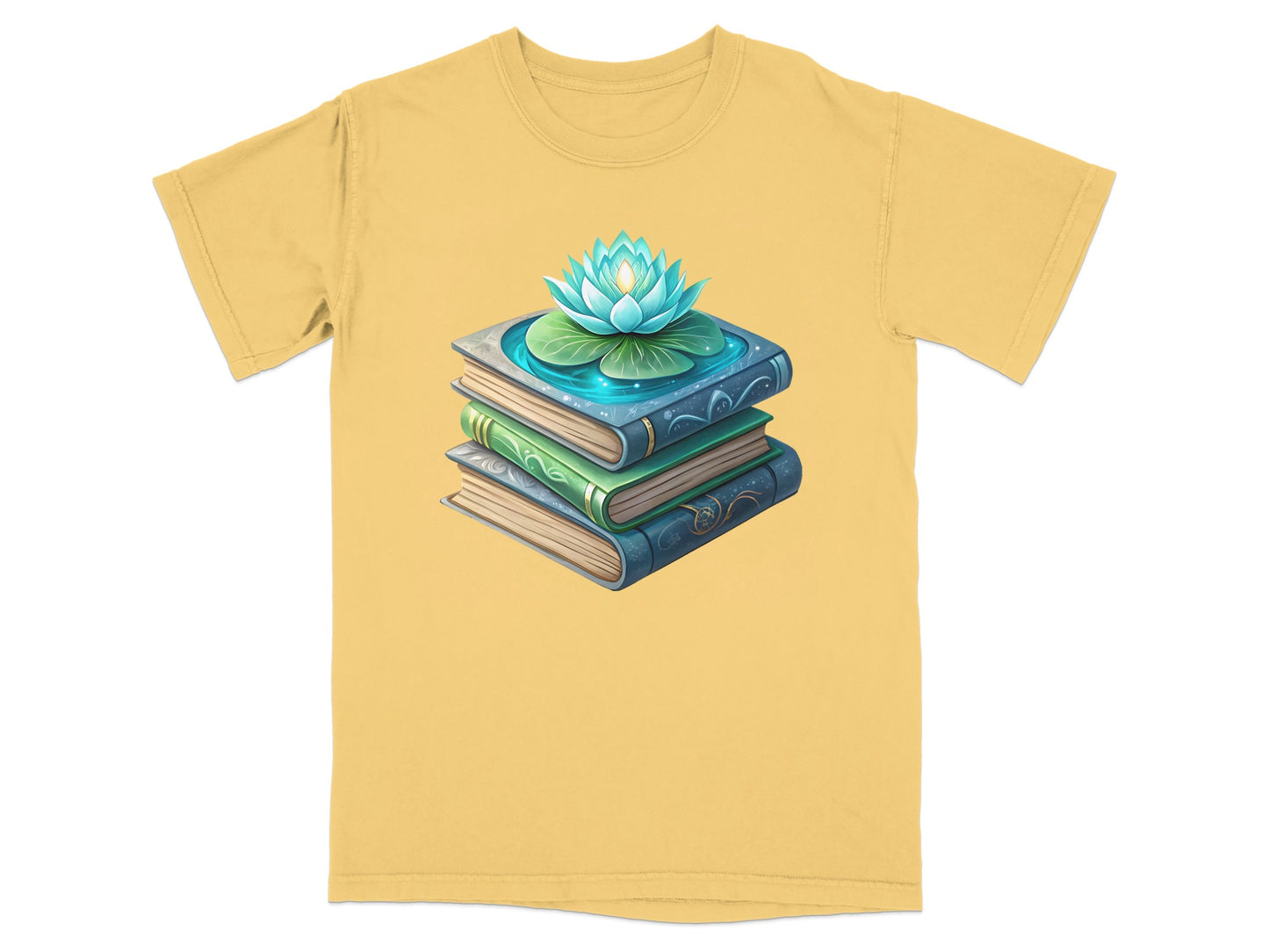 Stack of books with a glowing blue lotus flower on top.