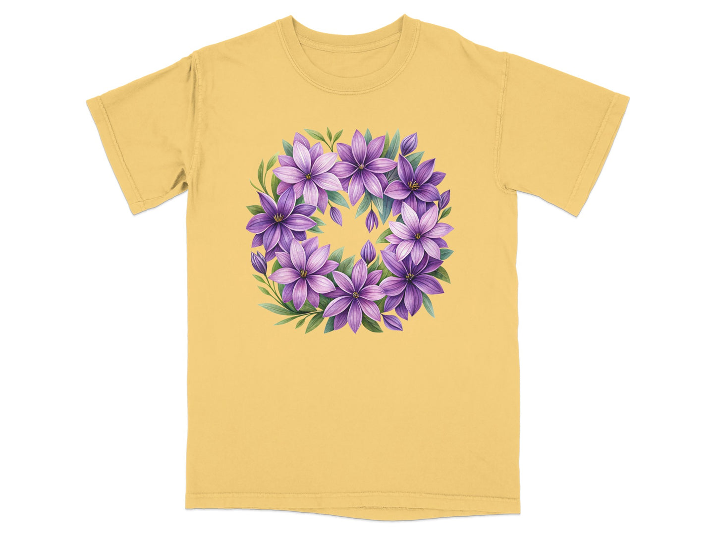 Yellow t-shirt with a circular floral design of purple flowers and green leaves.