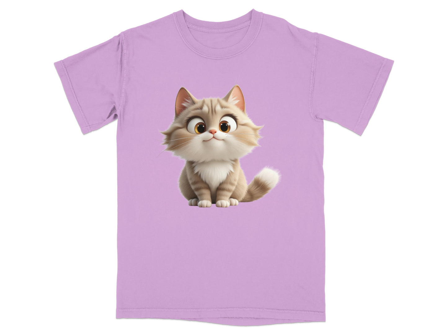 Lilac t-shirt with a cartoon kitten graphic.