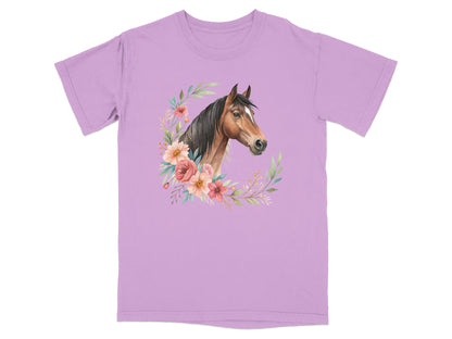 Lavender t-shirt with a horse and floral wreath graphic.