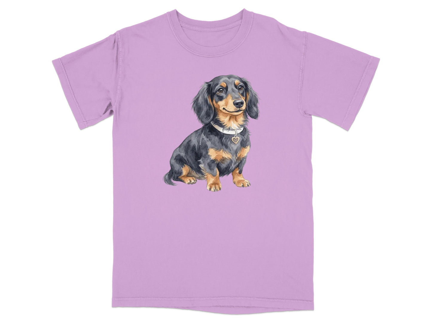 T-shirt with a watercolor illustration of a black and tan dachshund.