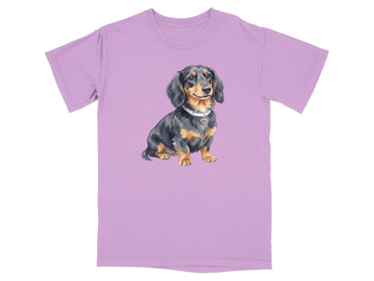 T-shirt with a watercolor illustration of a black and tan dachshund.