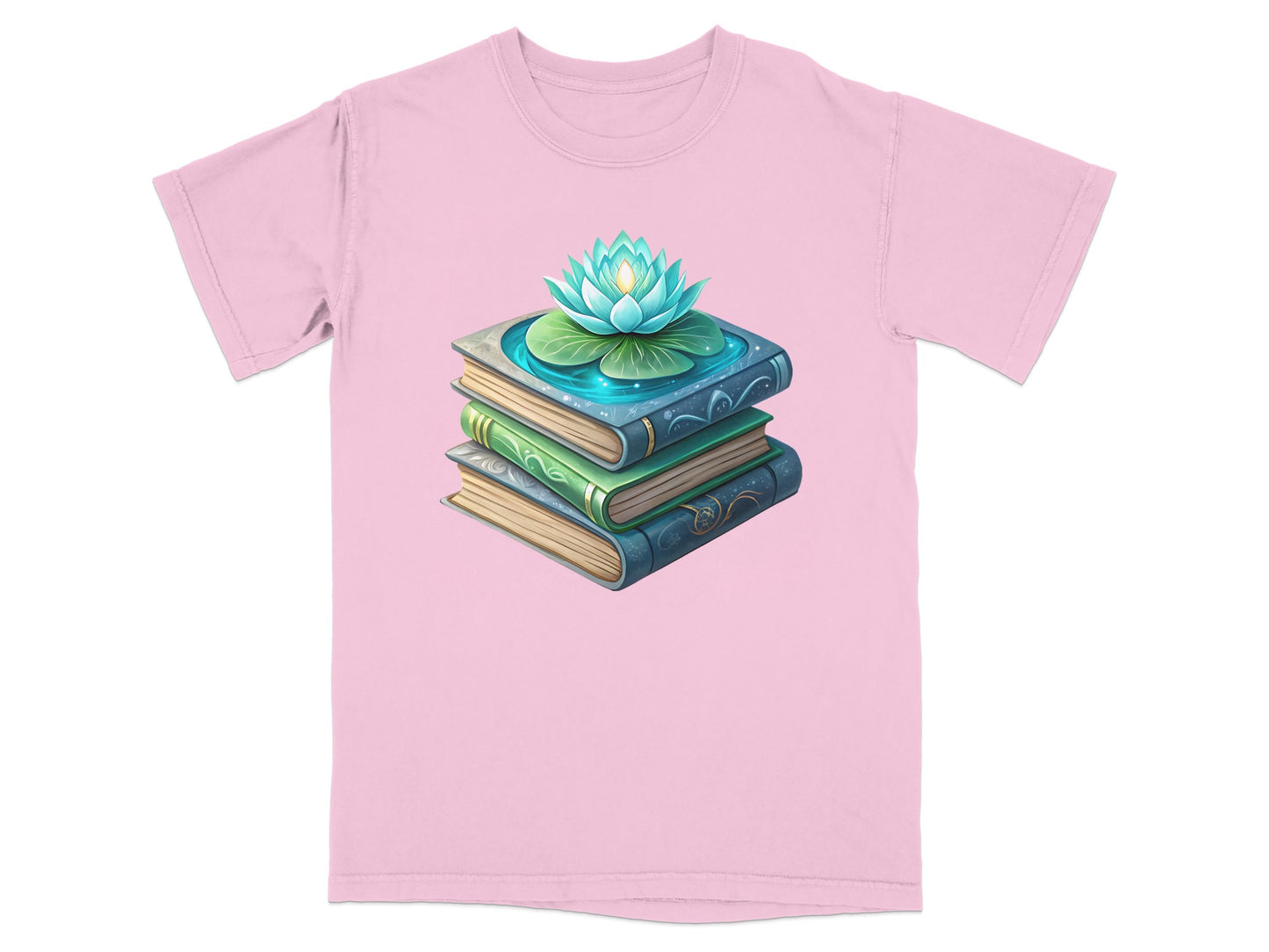 Stack of three books with a lotus flower on top.