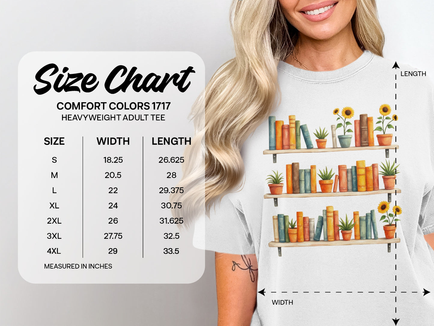 Size chart for Comfort Colors 1717 heavyweight adult tee with measurements in inches.