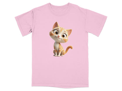 Pink t-shirt with a cartoon ginger and white cat smiling.