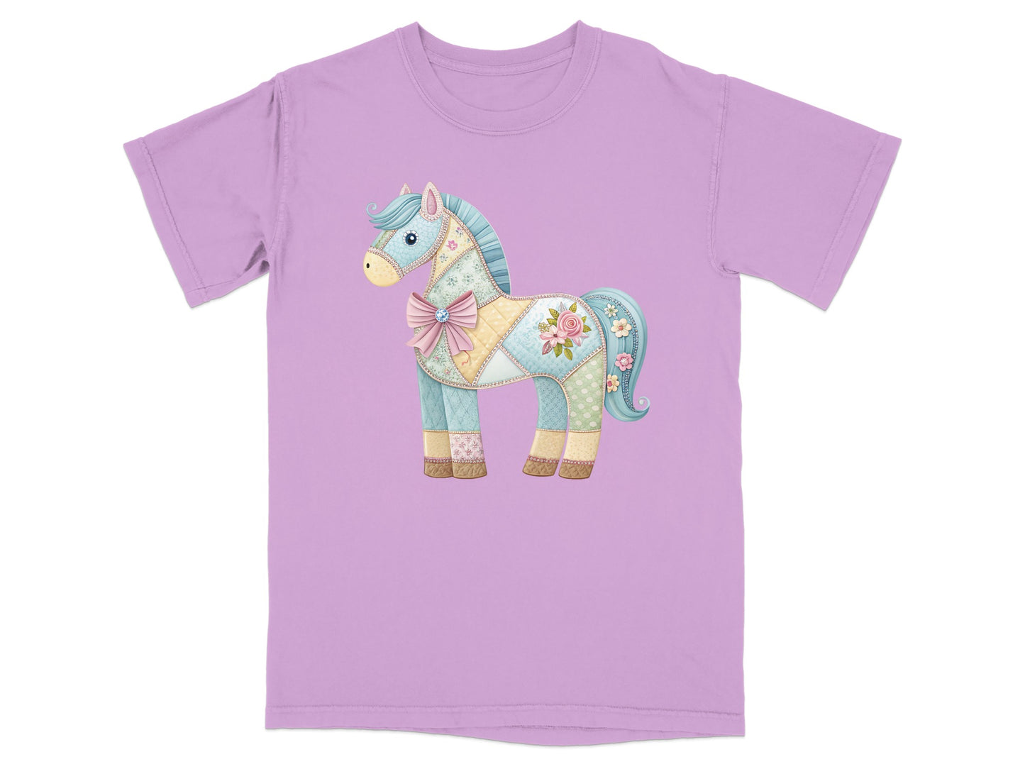 Quilted patchwork horse graphic on a lavender t-shirt.