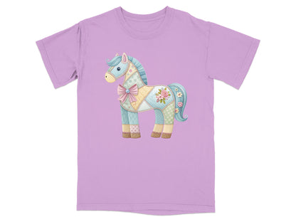 Quilted patchwork horse graphic on a lavender t-shirt.