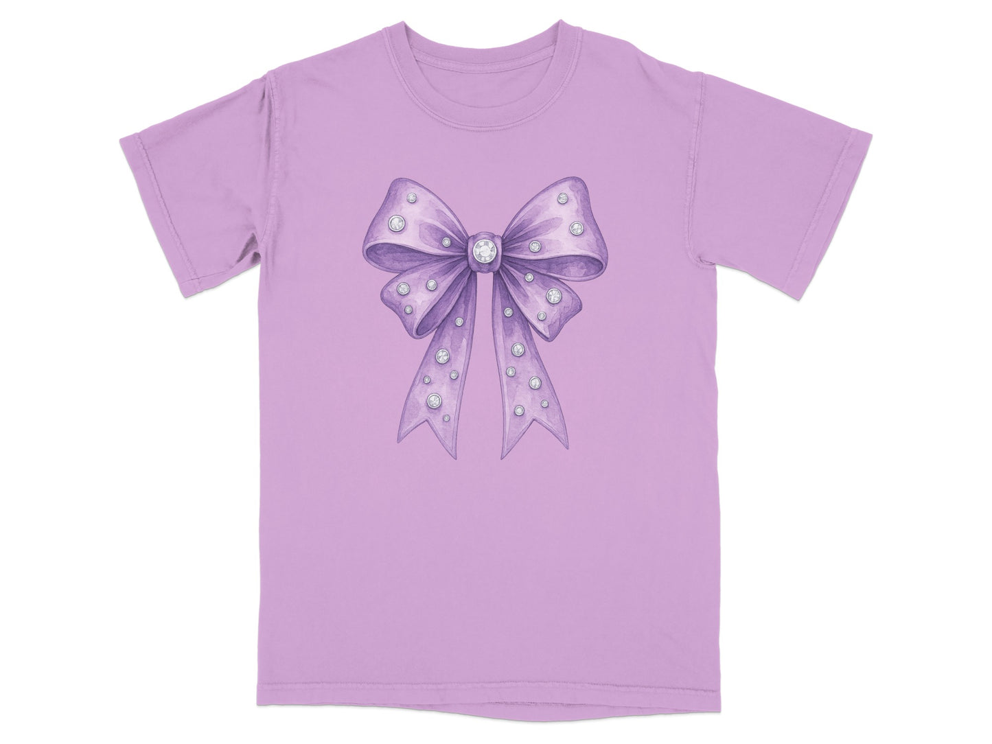 Purple bow with clear gems on a lavender t-shirt.