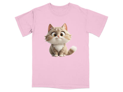Pink t-shirt with cartoon cat illustration.