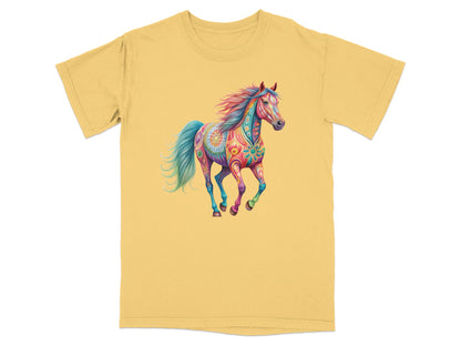 Colorful abstract horse graphic on a yellow t-shirt.