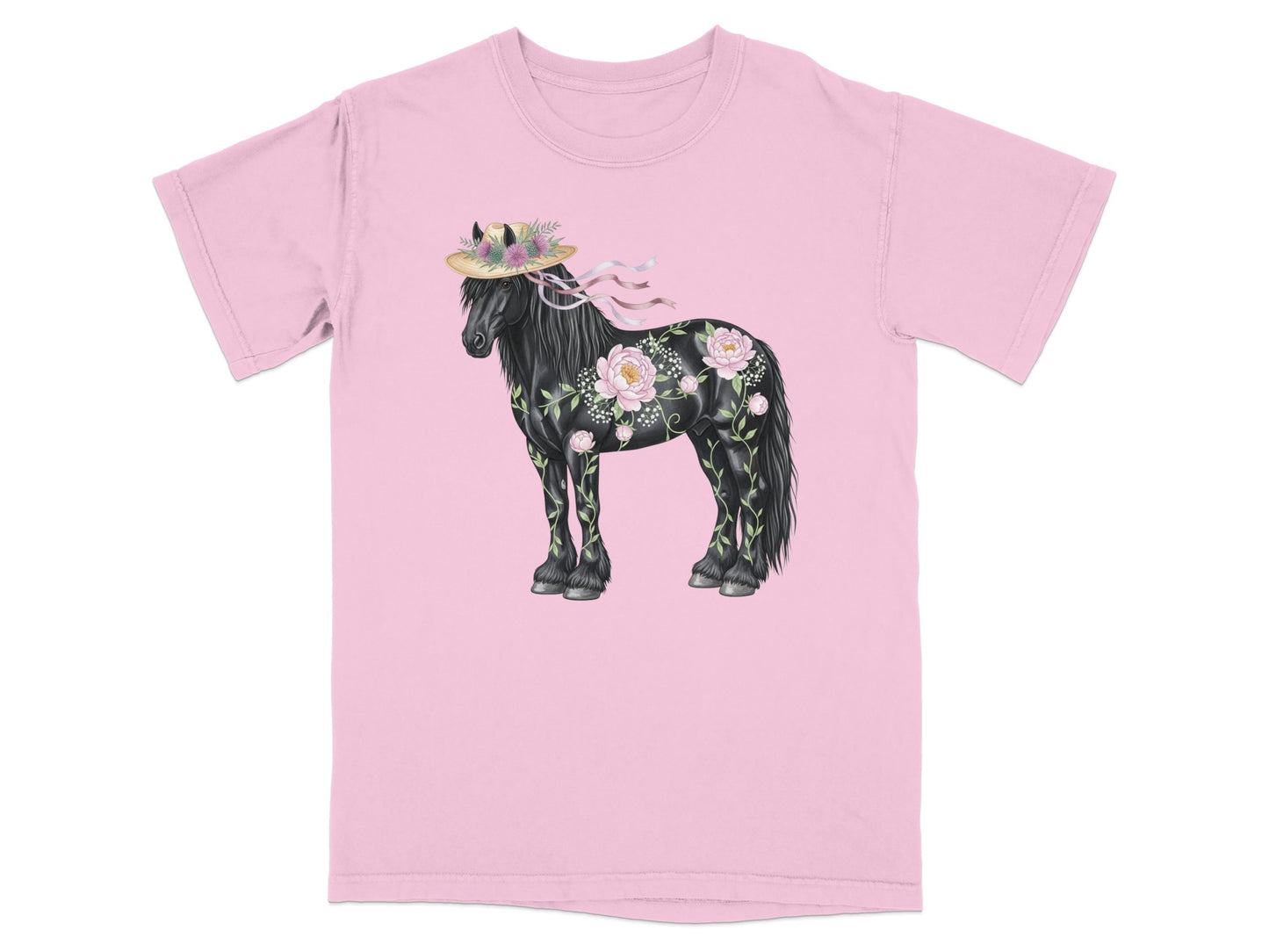 Pink t-shirt with a floral painted black horse wearing a straw hat.