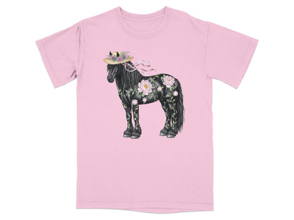 Pink t-shirt with a floral painted black horse wearing a straw hat.