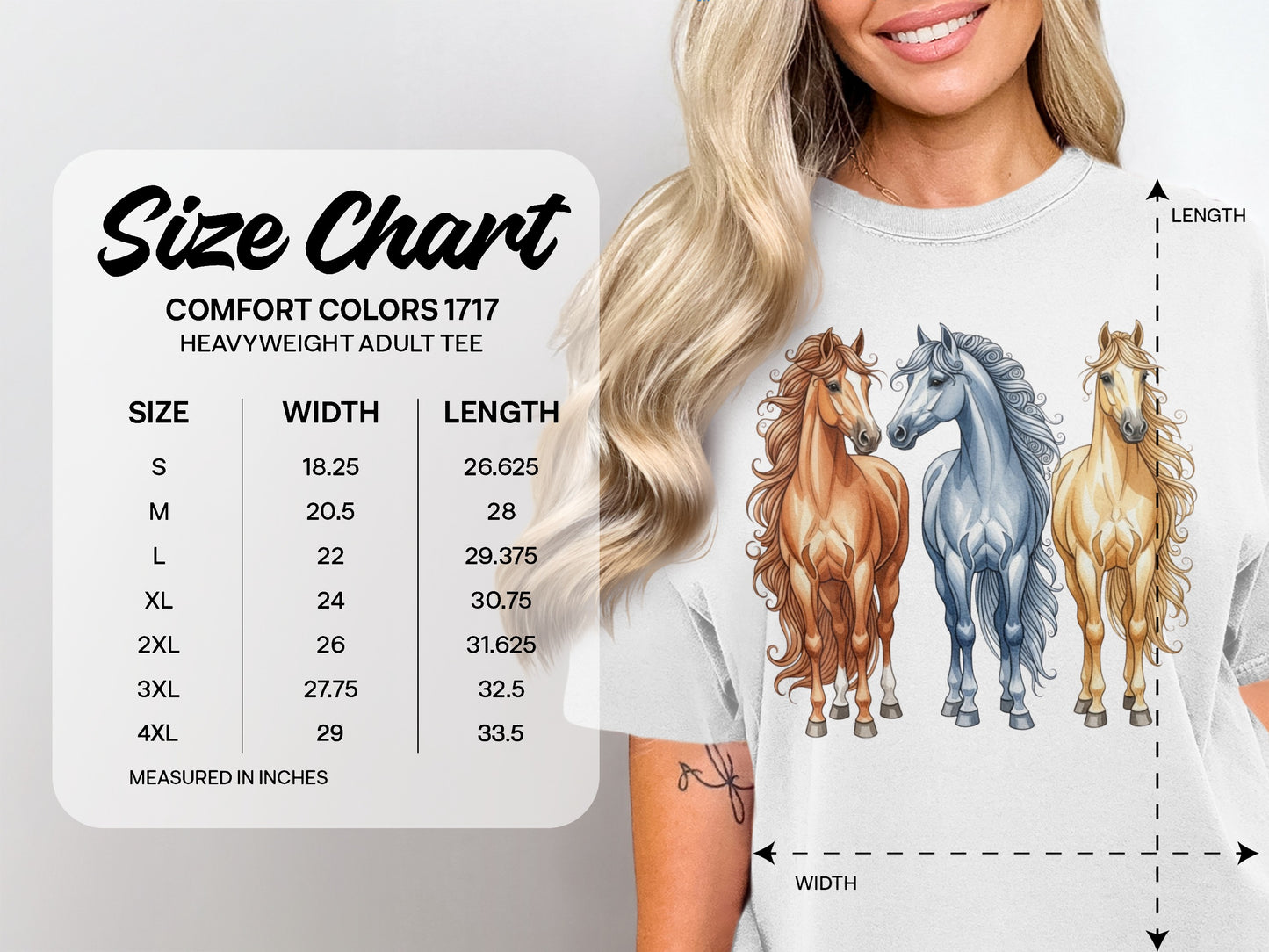 Comfort Colors 1717 heavyweight adult tee size chart with measurements.
