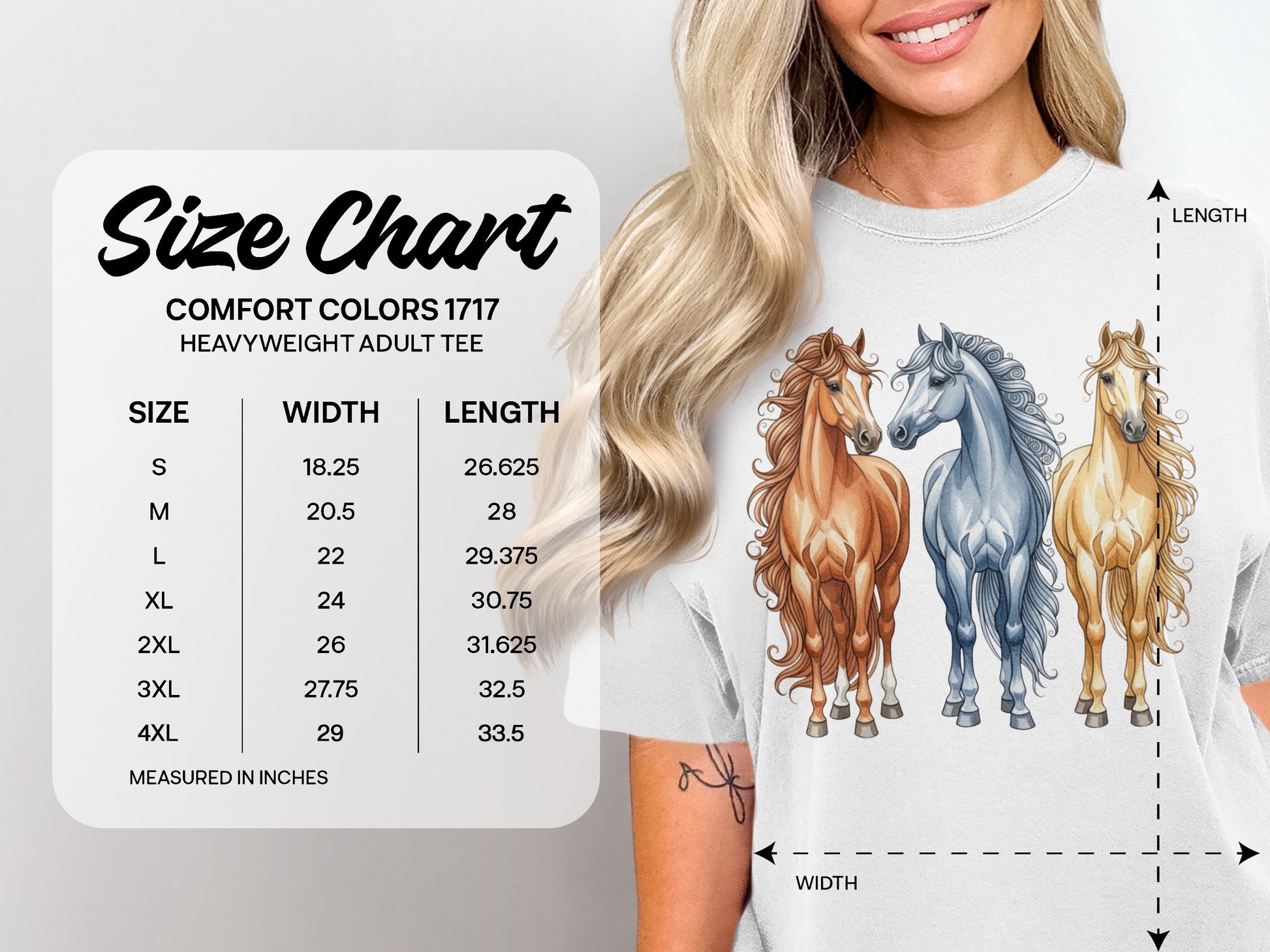Comfort Colors 1717 heavyweight adult tee size chart with measurements.