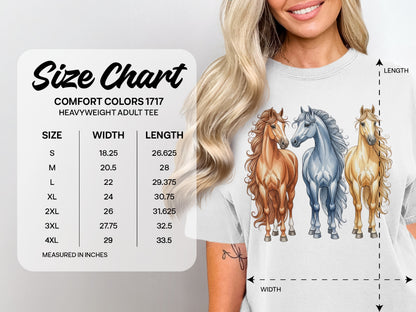 Comfort Colors 1717 heavyweight adult tee size chart with measurements.