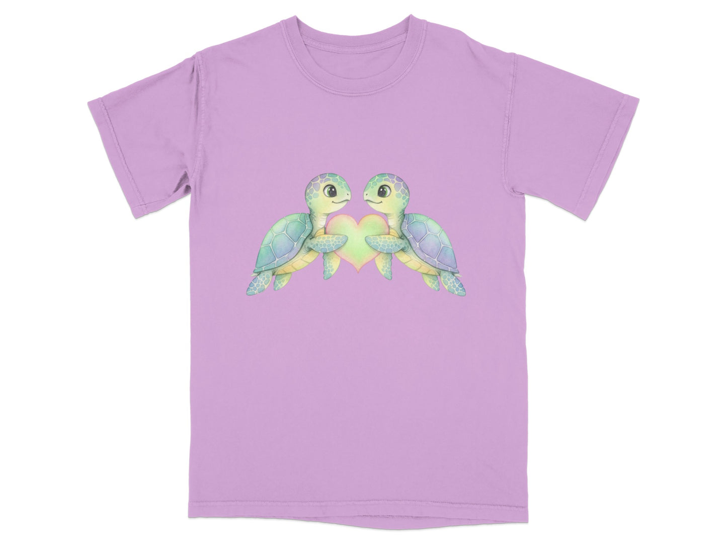 Two cartoon sea turtles hold a heart-shaped bubble between them.