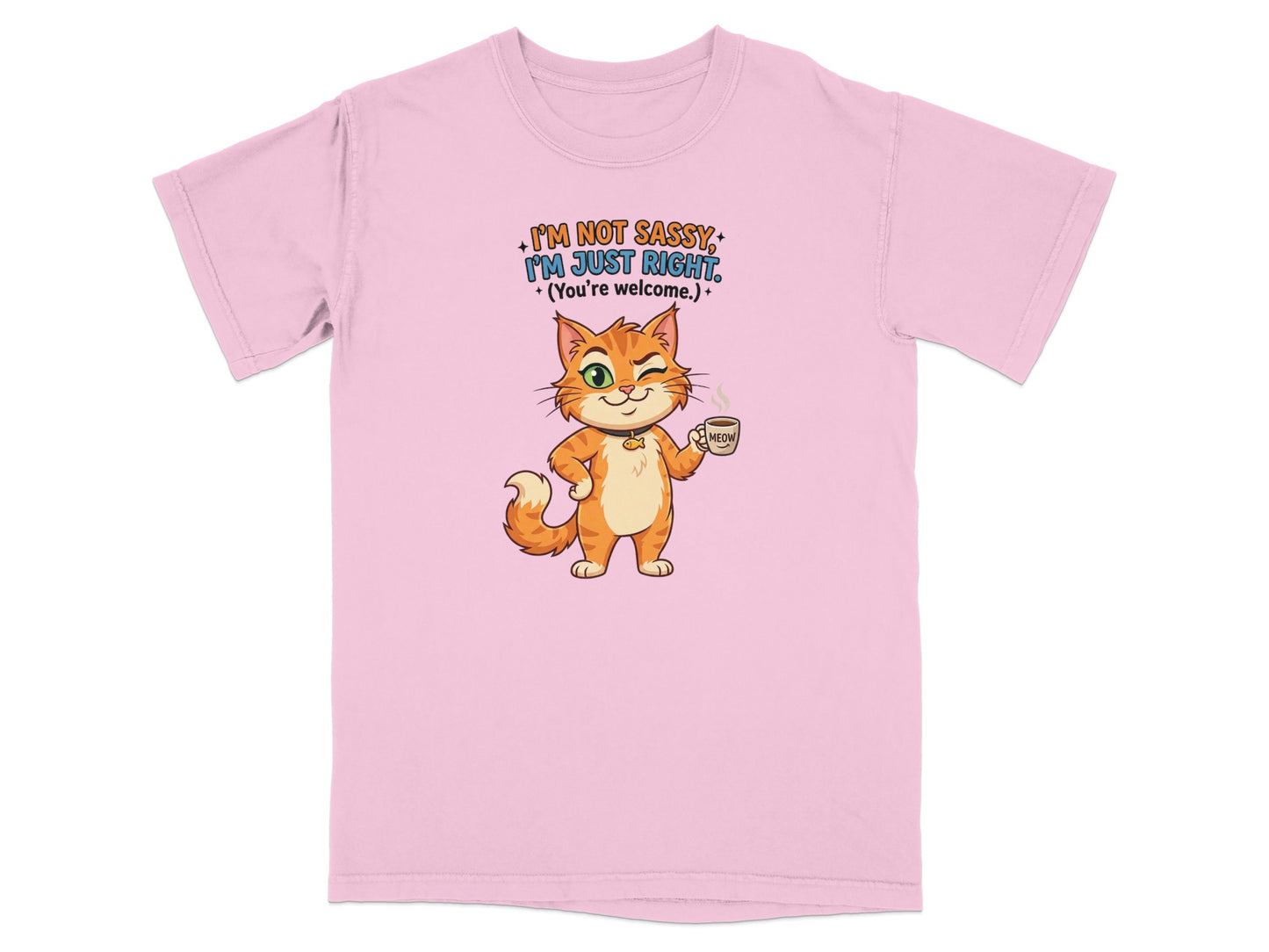 Pink t-shirt with cartoon cat holding "MEOW" coffee cup, text reads "I'm not sassy, I'm just right. (You're welcome.)".