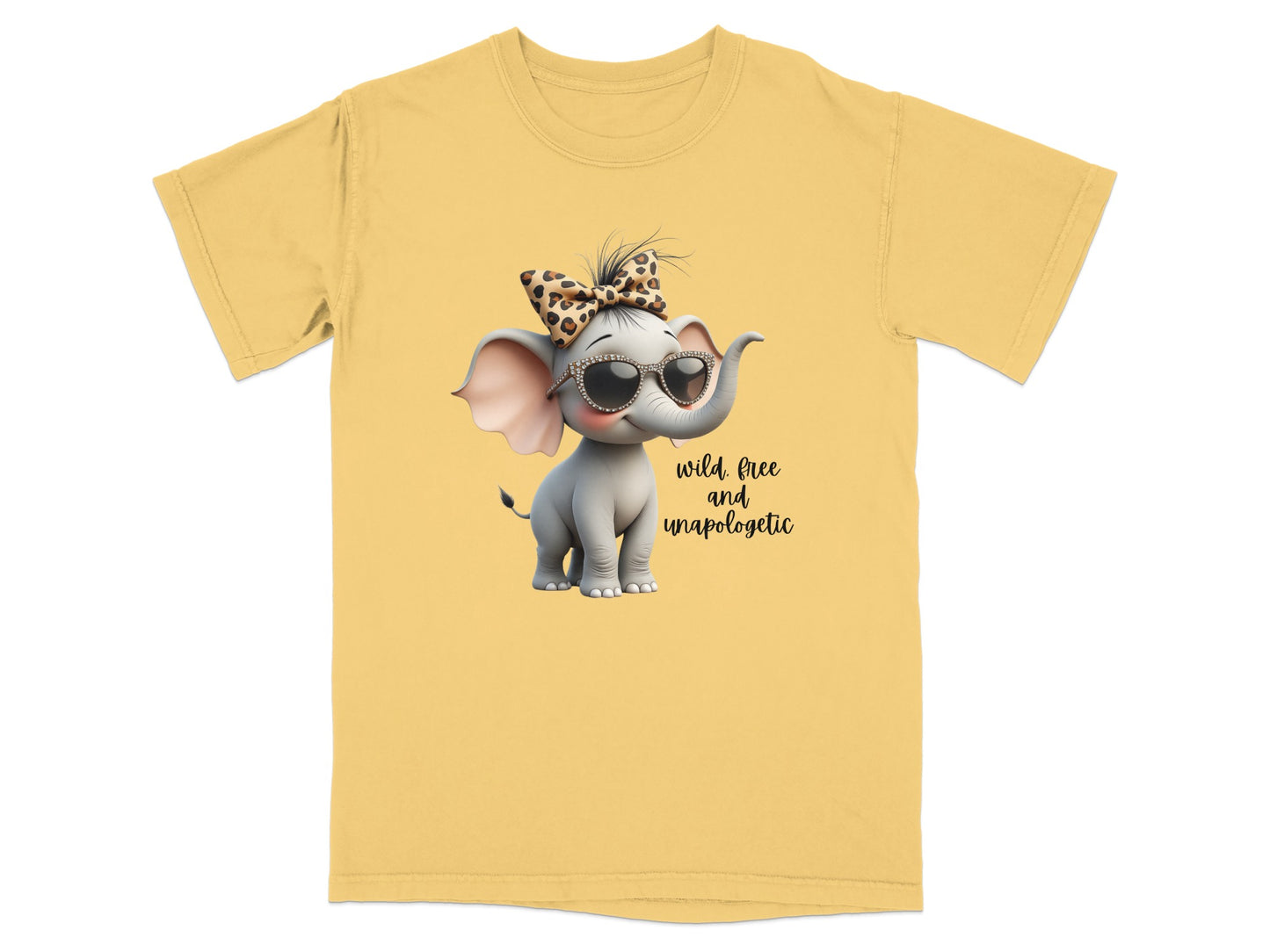Cartoon elephant with sunglasses and leopard print bow on yellow t-shirt.