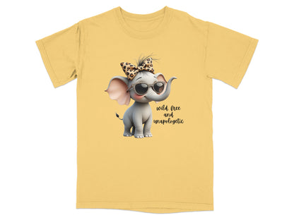 Cartoon elephant with sunglasses and leopard print bow on yellow t-shirt.