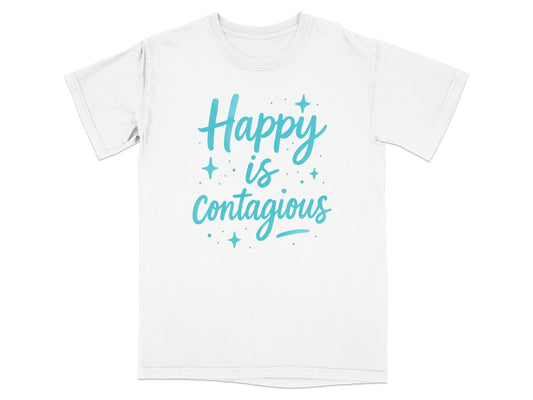 T-shirt with "Happy is Contagious" in light blue script and small stars.