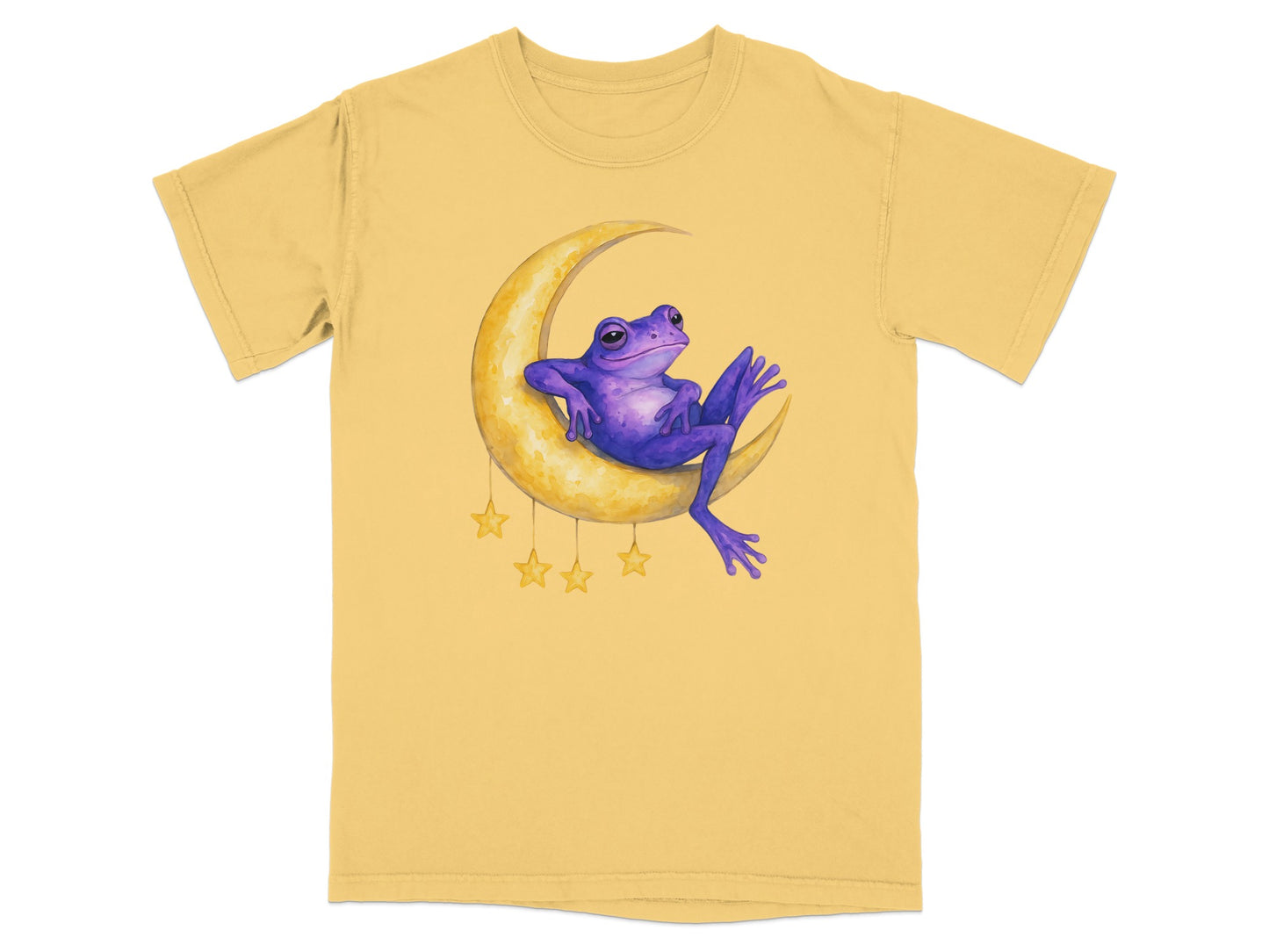 Purple frog resting on a crescent moon with yellow stars.