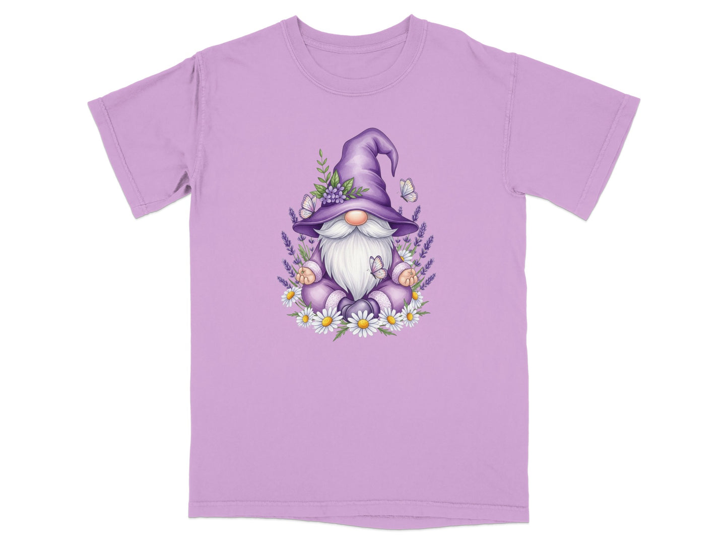 Gnome meditating with lavender, daisies, and butterflies on a lavender t-shirt.