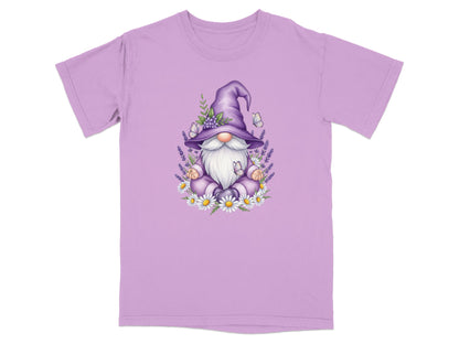 Gnome meditating with lavender, daisies, and butterflies on a lavender t-shirt.