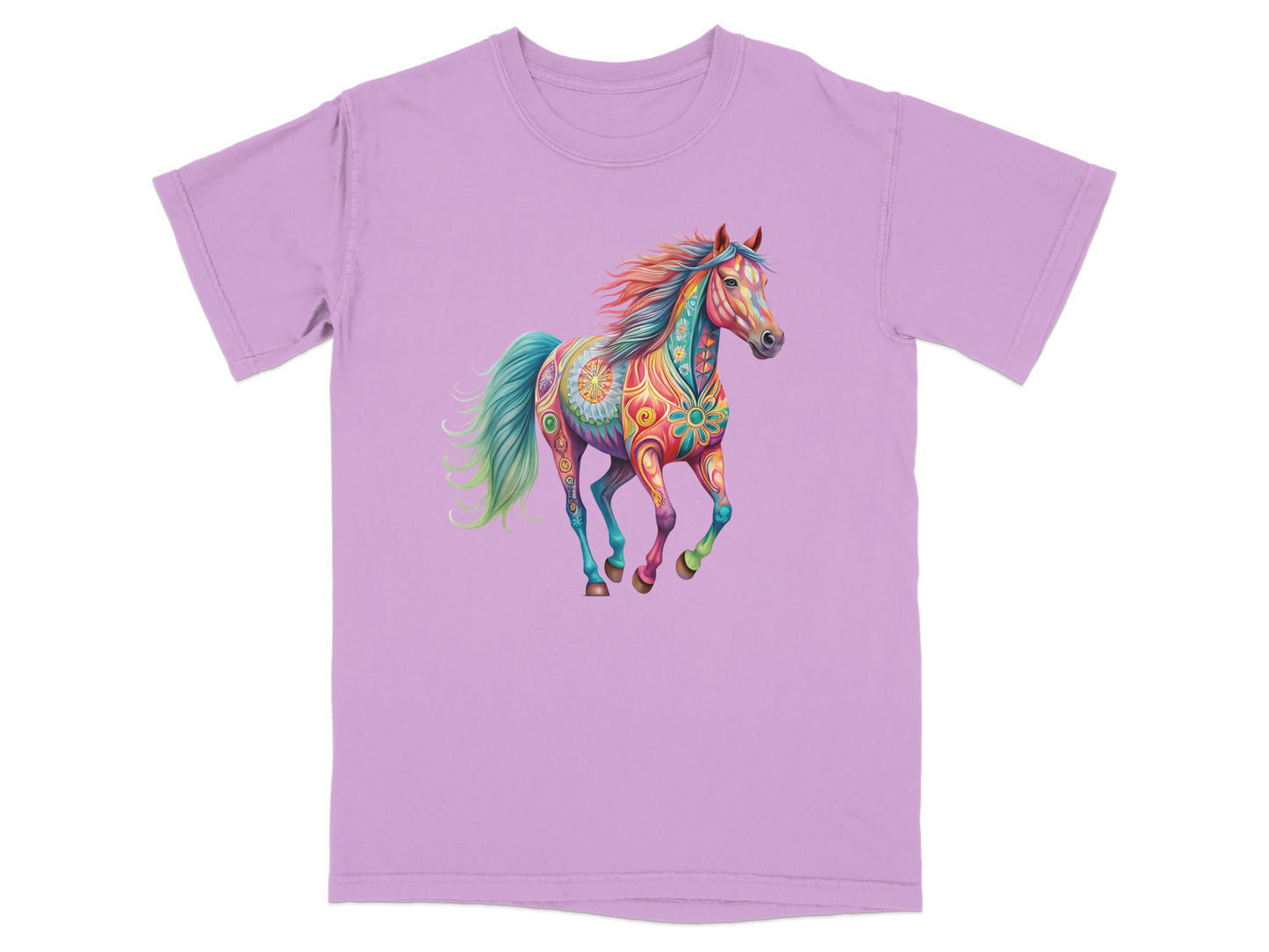 Lilac t-shirt with a colorful, patterned horse graphic.