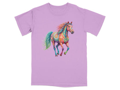 Lilac t-shirt with a colorful, patterned horse graphic.