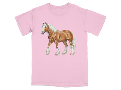 Pink t-shirt with a realistic illustration of a light brown horse with a white mane.
