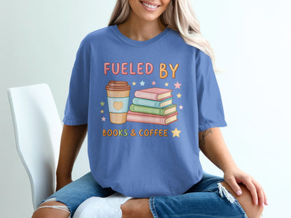 T-shirt with stack of books and coffee cup, text "Fueled by Books & Coffee".