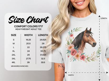Comfort Colors 1717 heavyweight adult tee size chart with horse graphic.