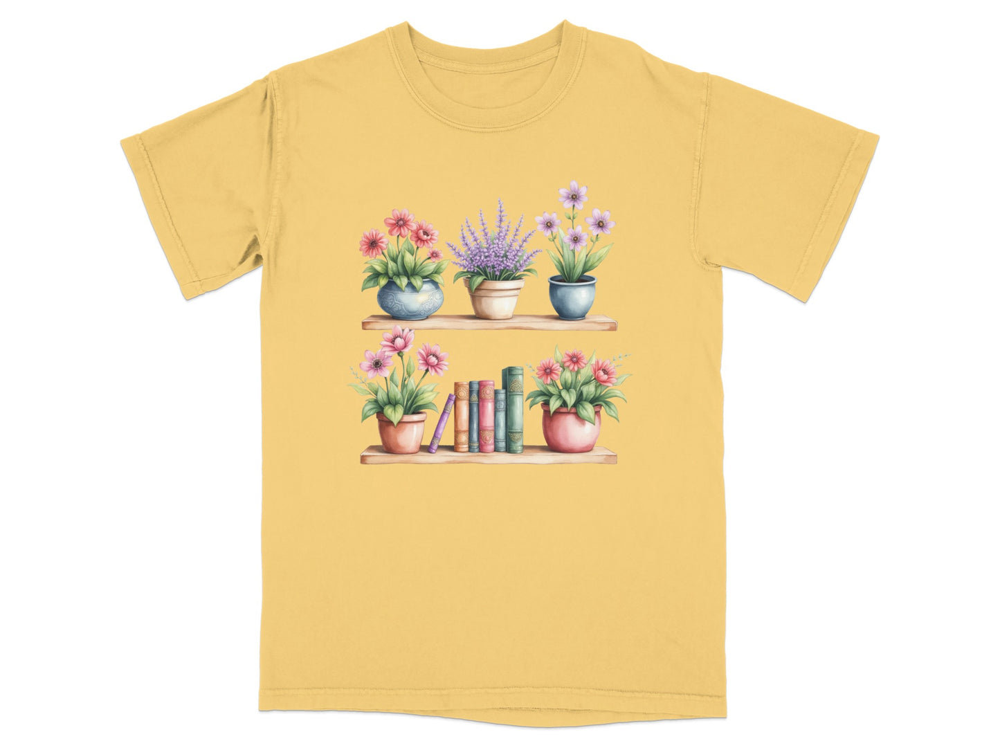 T-shirt with shelves of potted flowers and books.