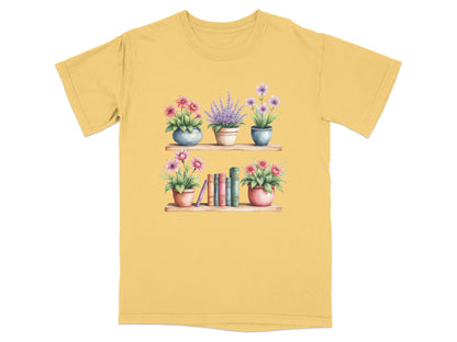 T-shirt with shelves of potted flowers and books.