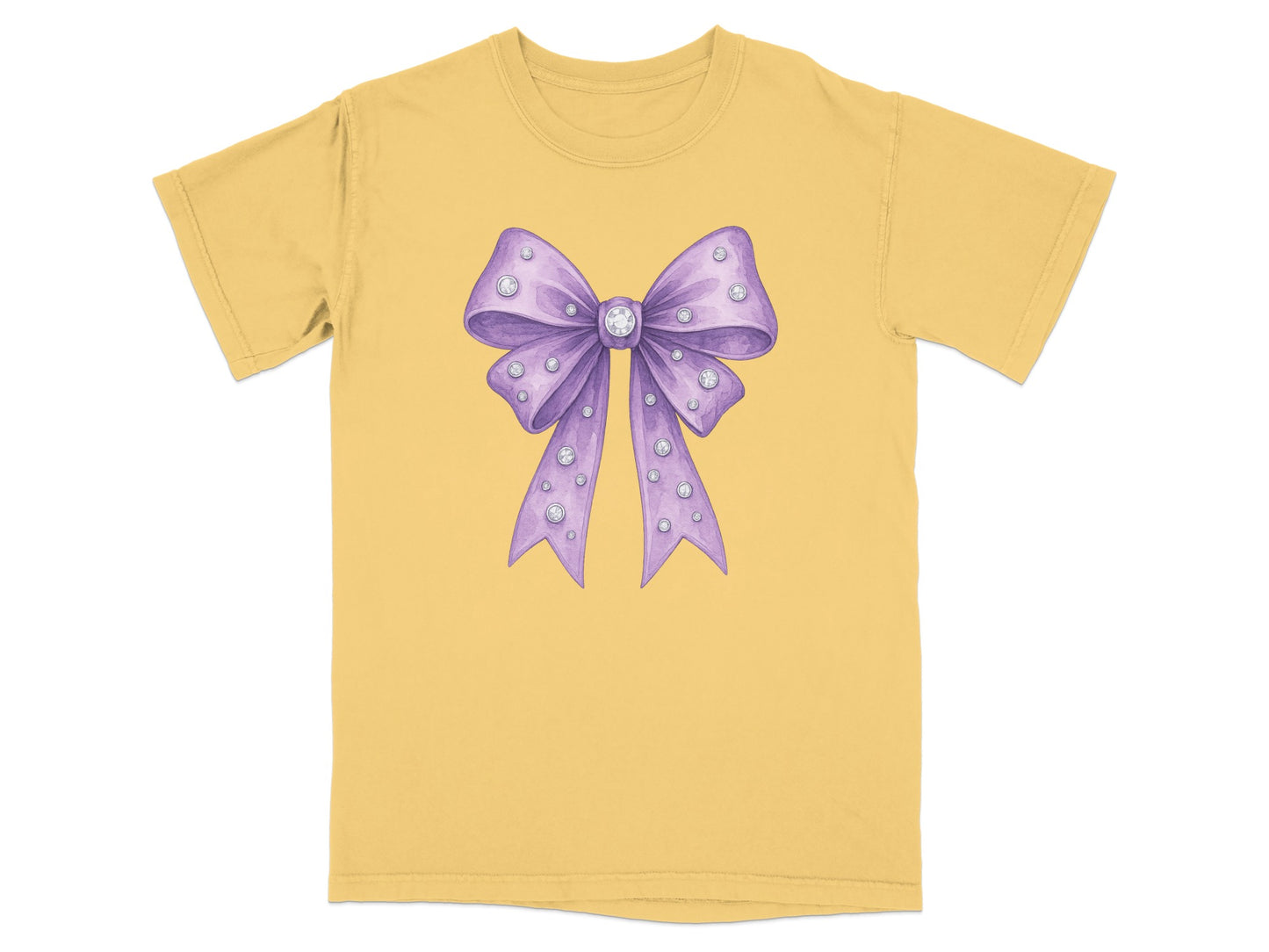 Purple watercolor bow with clear rhinestones on a yellow t-shirt.