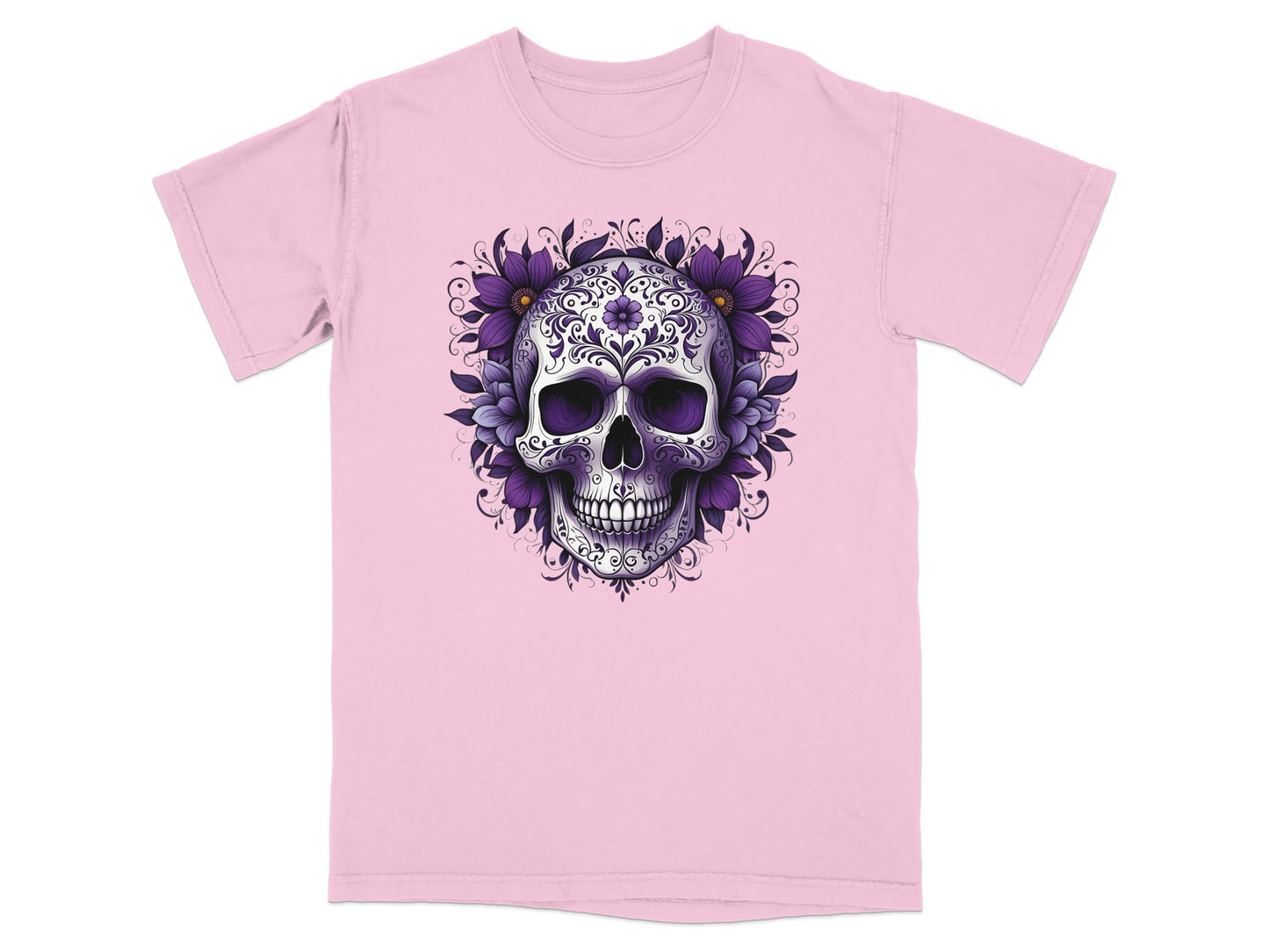 Pink t-shirt with a purple floral skull design.