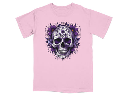 Pink t-shirt with a purple floral skull design.