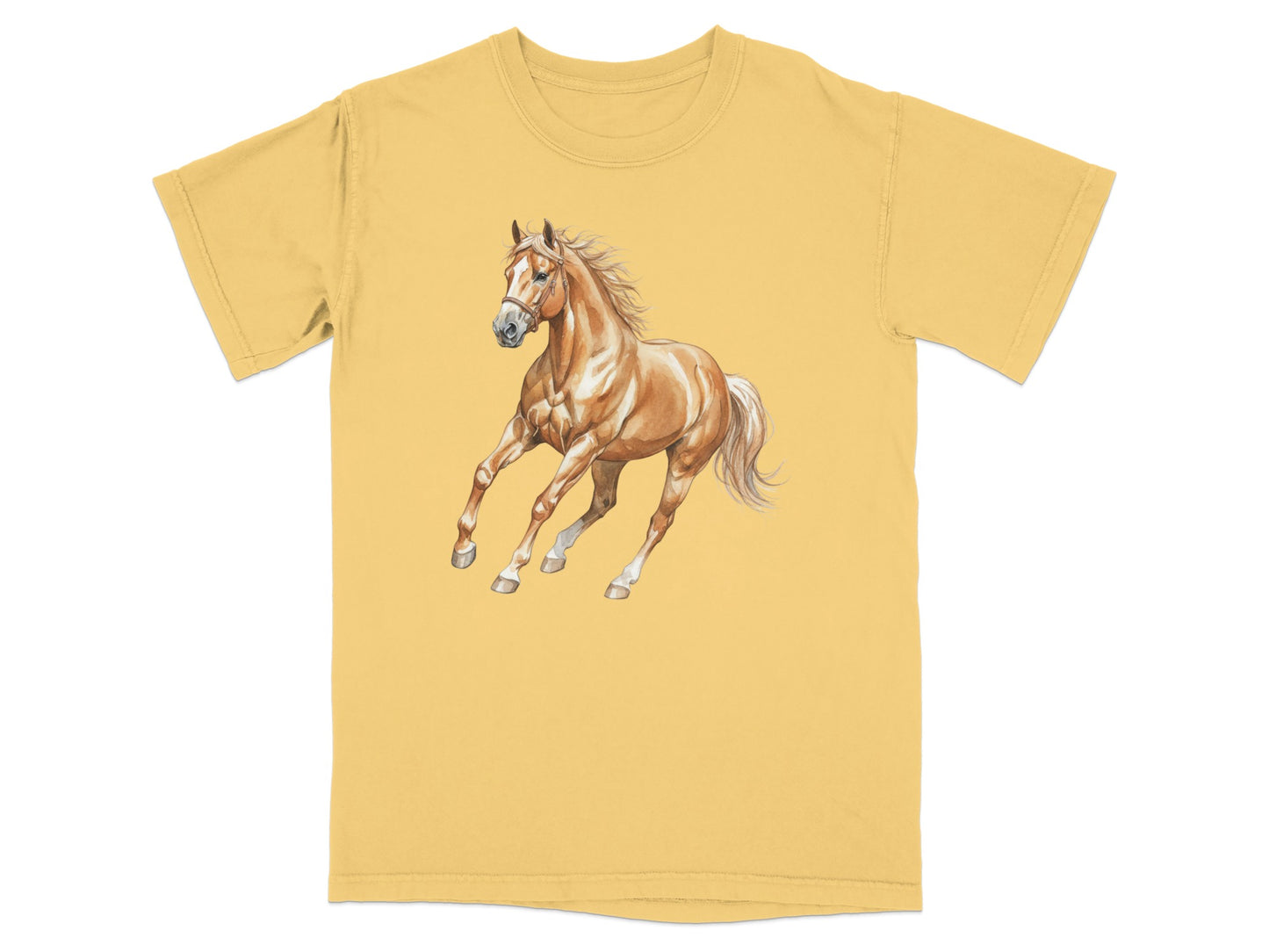 T-shirt with a watercolor painting of a galloping golden horse.
