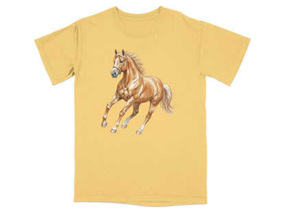 T-shirt with a watercolor painting of a galloping golden horse.