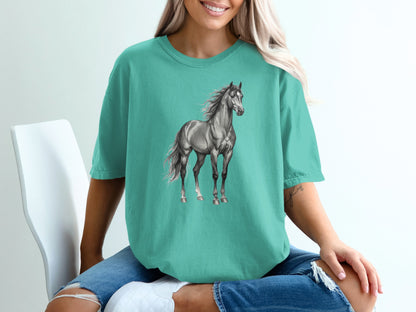 Teal t-shirt featuring a realistic black and white horse illustration.