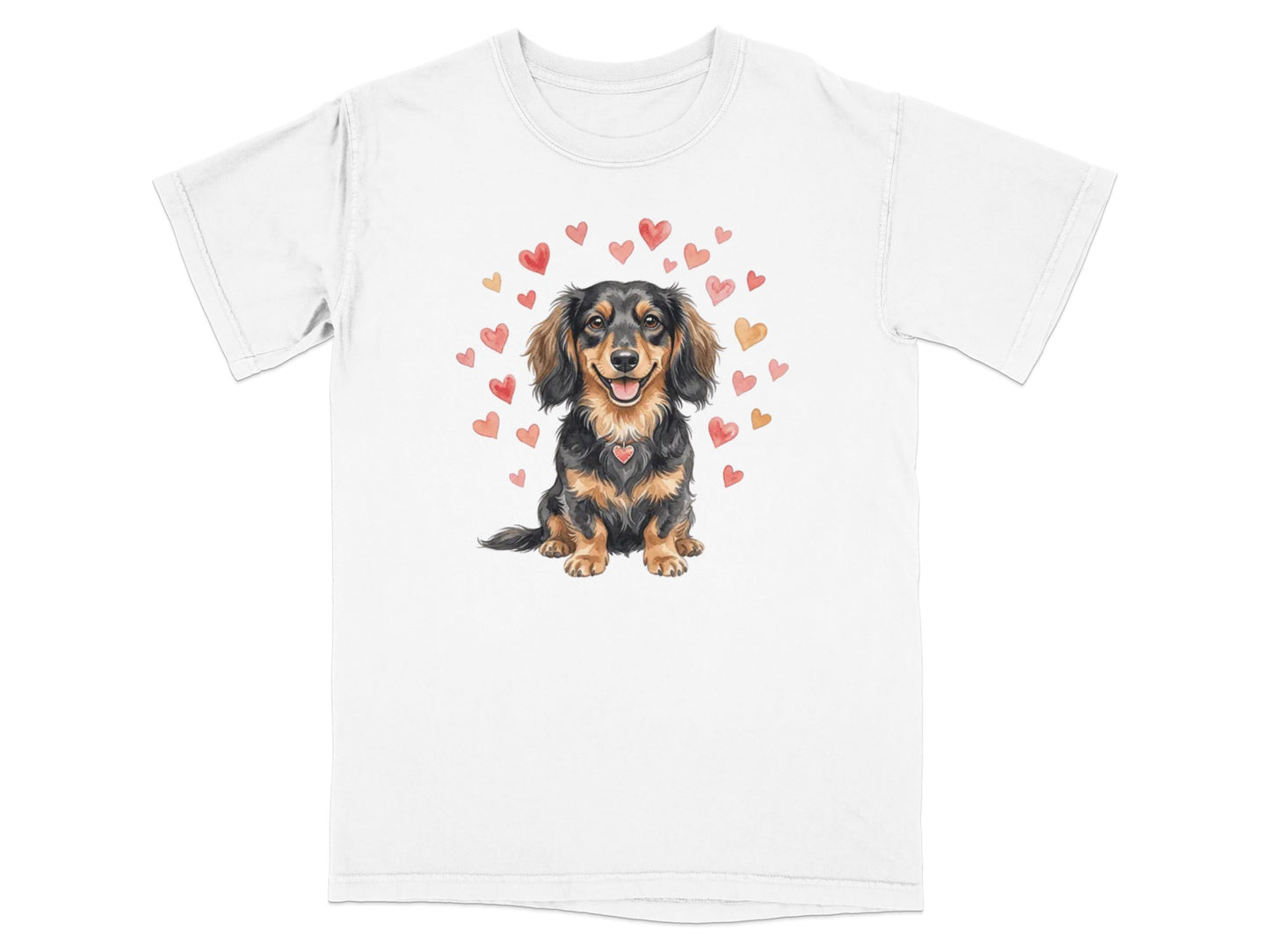 T-shirt with watercolor dachshund surrounded by small red and orange hearts.