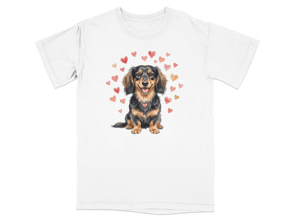 T-shirt with watercolor dachshund surrounded by small red and orange hearts.