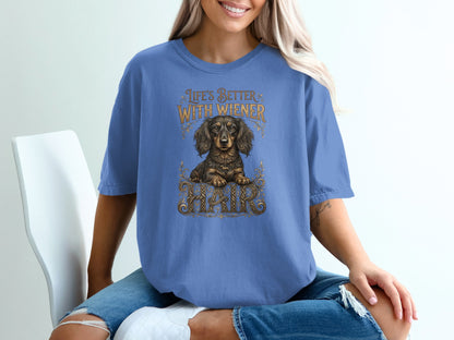 Blue t-shirt with text "Life's Better With Wiener" and a dachshund graphic.